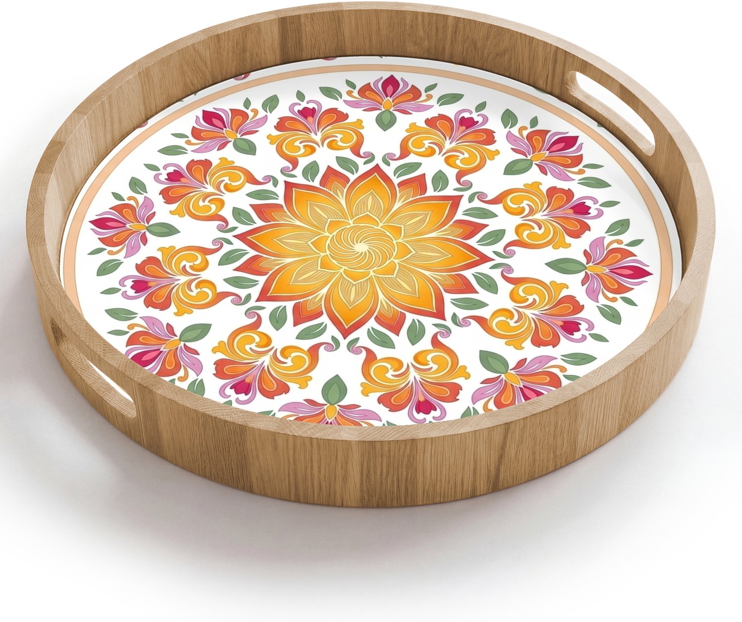Dienblad rond 40x40 cm - Schootdienblad hout - Mandala - Bloemen - Decoratie - Kleurrijk - Abstract - Borrelplank rechthoek - Plateau houten dienbladen