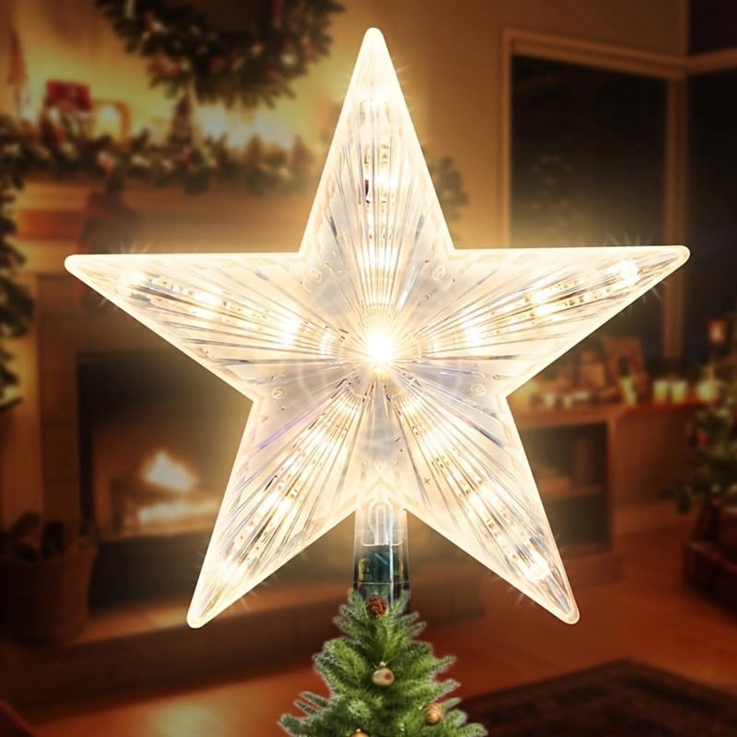Ster Voor In De Top Van De Kerstboom - Kerstboomversiering In Warm Wit - Kerstboompiek Met Verlichting