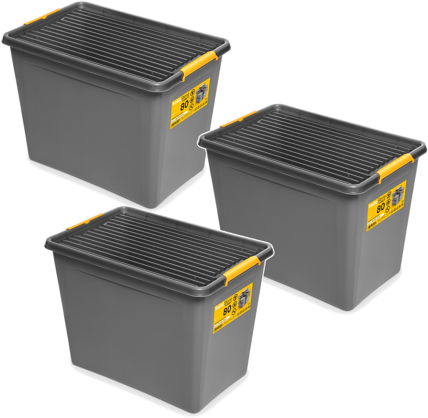 Orplast Moxom Opberger - deksel met kliksluiting - 80 liter - voorzien van wieltjes, BPA-vrij, 04-0217 - 3 stuks grijs