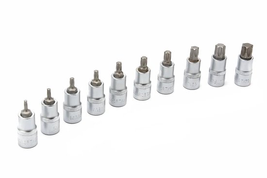 Rij van negen zilveren Torx-bits met 1/2 inch aandrijving, variërend in grootte.
