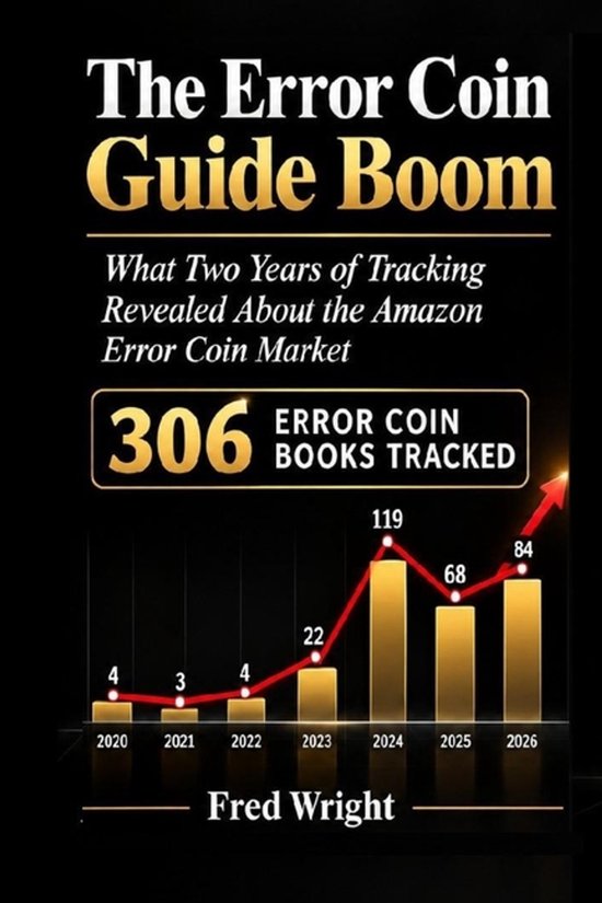 Boekomslag getiteld The Error Coin Guide Boom met een grafiek die de groei van error muntboeken van 2020 tot 2026 toont.