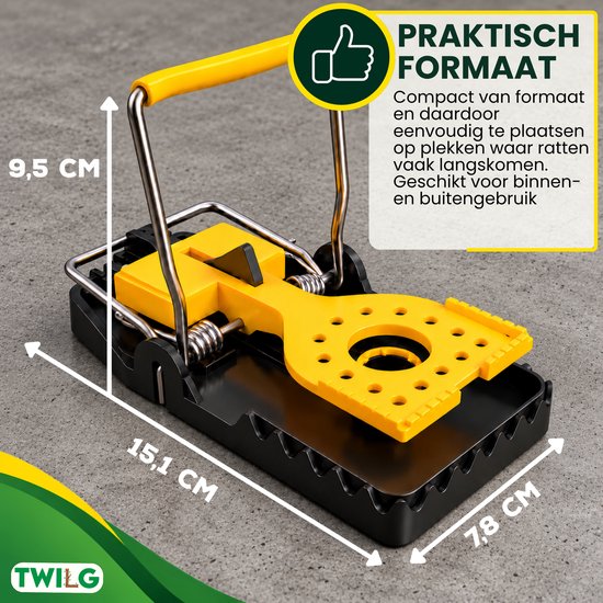 Zwarte en gele rattenval met afmetingen van 15,1 cm bij 7,8 cm en 9,5 cm hoog. Geschikt voor binnen en buiten.