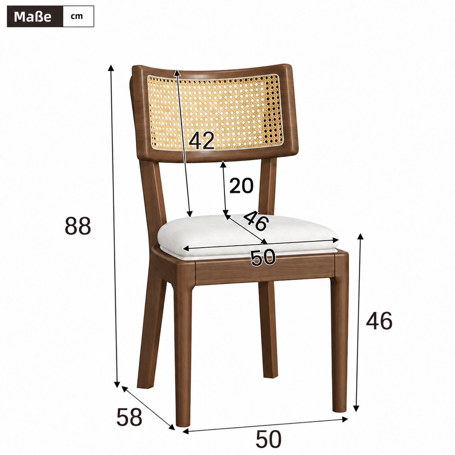 OKWISH Eetkamerstoel 50 x 58 x 88 cm - Set van 4 met Rotan Rugleuning - Voor Eetkamer en Woonkamer - Hout en Linnen - Walnootkleur en Beige Walnootbruin en beige