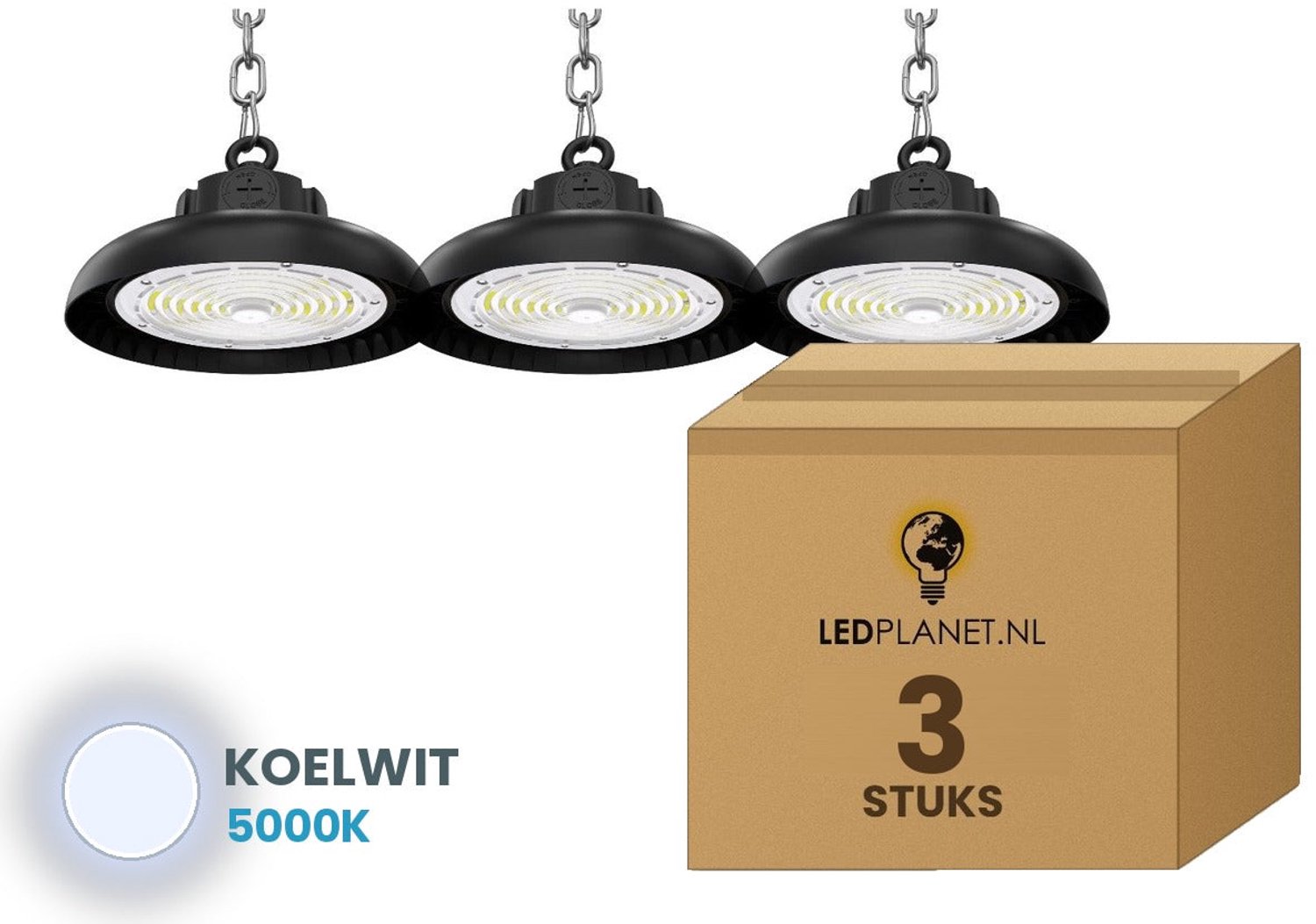 Tsong UFO Lamp - LED High Bay 150W - 27.000 lm - Neutraalwit 5000K - 3 stuks - Instelbaar 90/120/150W - IP65 - Hal, Werkplaats- & Garageverlichting - 5 jaar garantie koelwit 5000k