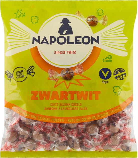 Gele zak Napoleon Zwartwit salmiakkogels met poederkern, vegan en glutenvrij, sinds 1912.