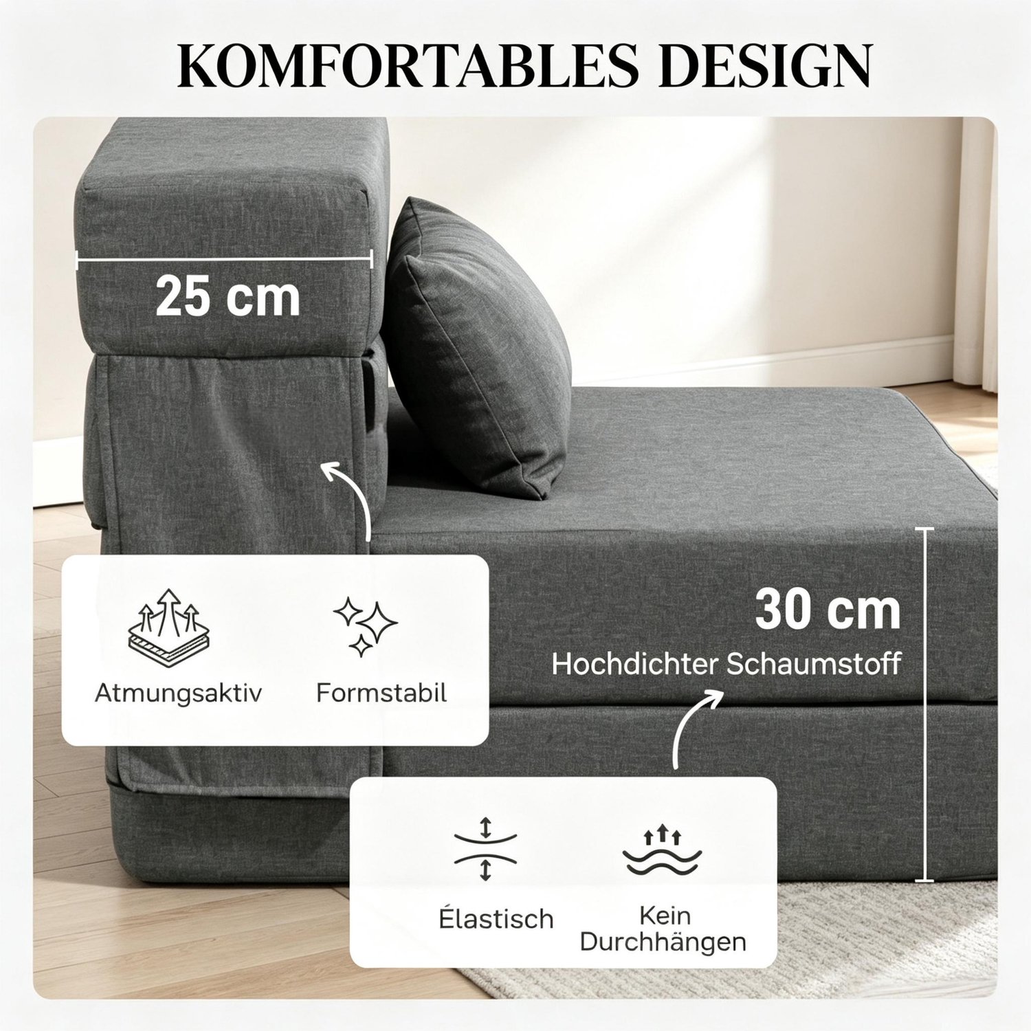 OKWISH Opklapbare Fauteuil 80 x 80 x 64 cm - Handmatig Omvormbaar tot Ligbed - Voor Woonkamer en Logeerkamer - Polyester - Grijs