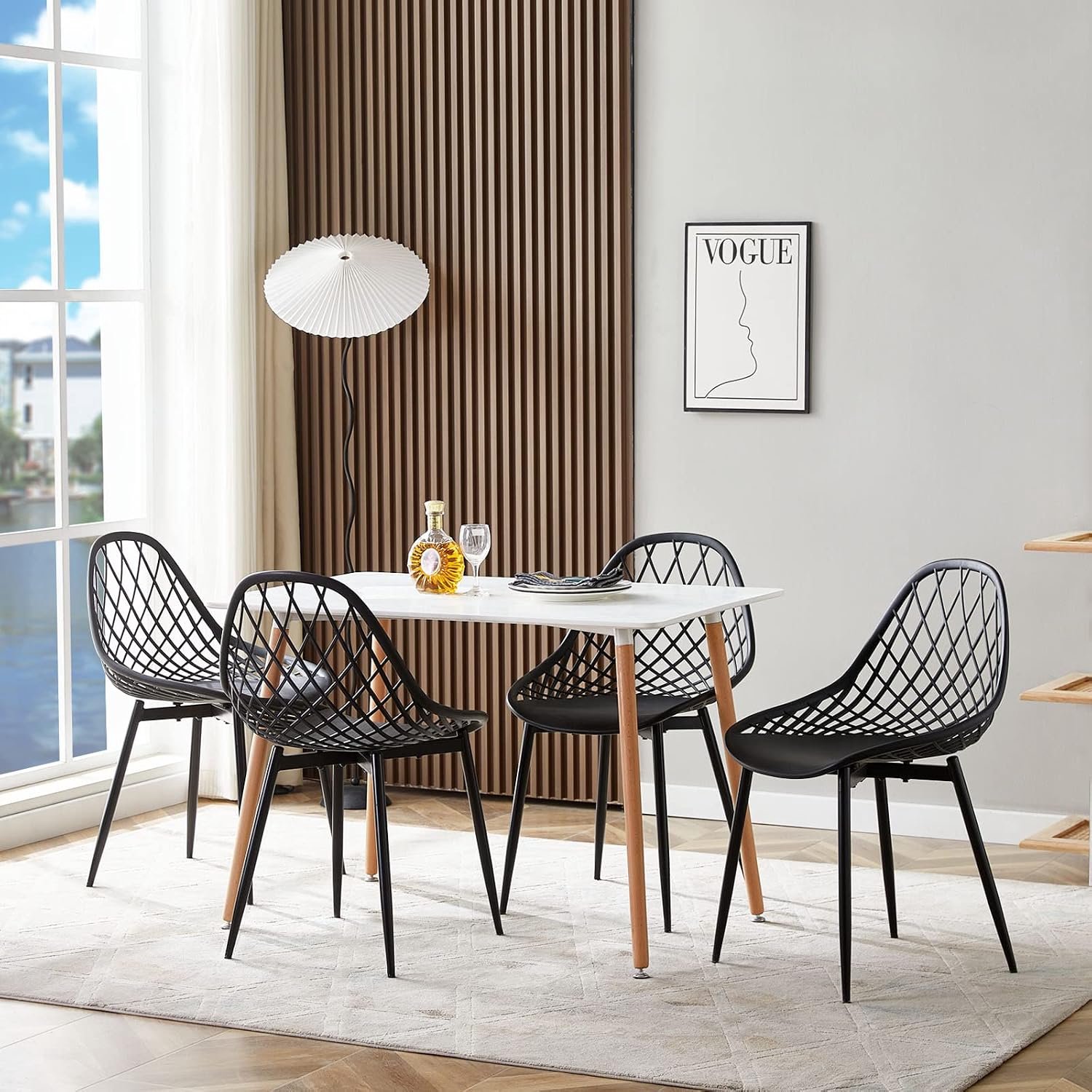 Kuipstoel Eetkamerstoelen Set van 6 Zwart met Rugleuning, Metalen Poten met Houtlook, Ergonomische Kunststof Stoelen met Voetensteun voor Eetkamer, Keuken, Woonkamer, Kantoor en Tuin
