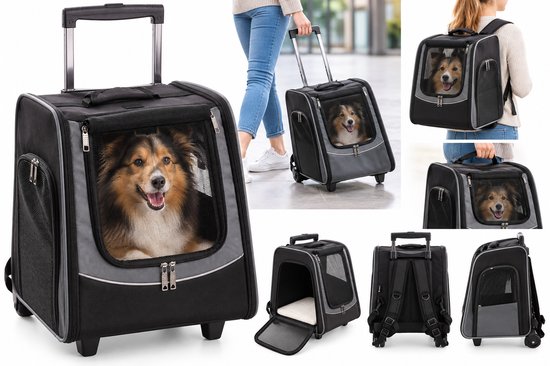 Flamingo Calypto 3-in-1 zwarte hondentrolley met gaasvensters, getoond in gebruik als rugzak, tas en trolley.