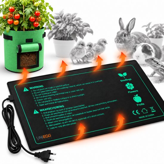 Zwarte Uniegg warmtemat met waarschuwingsinstructies, voor gebruik onder planten en kleine dieren zoals konijnen.