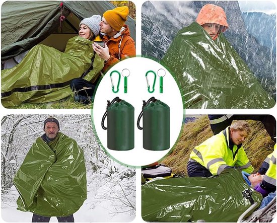 2 stuks - Slaapzak - 90*210 cm - Nood Slaapzakken voor overleving - thermische dekens voor overleving - noodbivakzak - buitenaccessoires - met fluitje en tas - voor kamperen in de buitenlucht, wandeluitrusting, noodvoorraden - groen — afbeelding 3