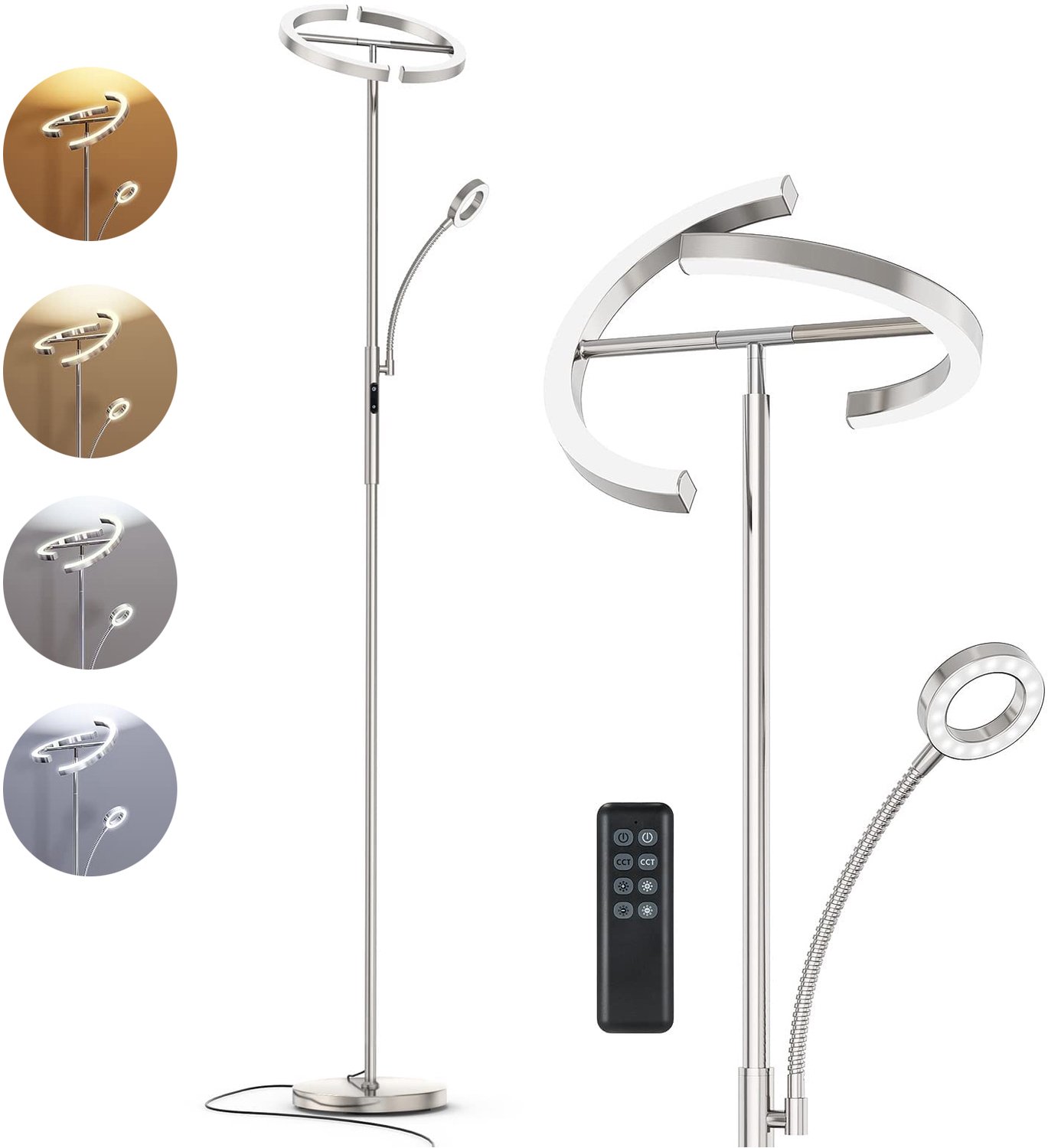 ANTENLICHT Staande Lamp - LED Vloerlamp - Staanlamp Woonkamer Kantoor - Lamp Slaapkamer - Leeslamp Dimbaar 3000K-6000K - Met Afstandsbediening - 2lights Chrom