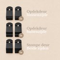 Zes zwarte metalen deurhaken voor opdekdeuren en stompe deuren, met labels voor binnen- en buitenkant.