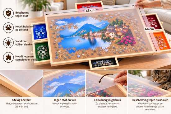 Houten puzzelbord van 88x64 cm met 6 sorteerlades, draaibaar platform en transparante beschermfolie tegen stof en huisdieren.