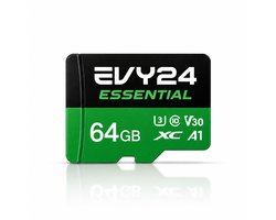 Evy24 Essential Micro SD Kaart 64GB met SD Adapter - MicroSDXC Geheugenkaart - 90 MB/s Lezen, 70 MB/s Schrijven - A1 U3 V30 Class 10 - Voor Smartphone, Tablet en Camera