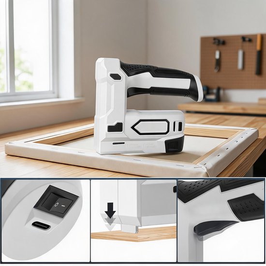 Detailoverzicht van wit-zwart nietpistool met USB-C oplaadpoort, aan-uitknop en veiligheidspal.