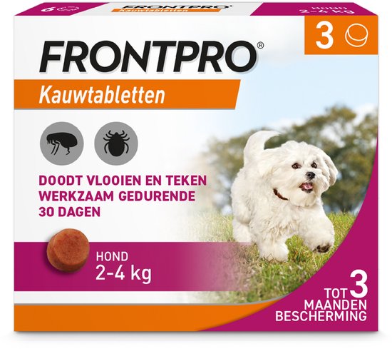 Frontpro kauwtabletten voor honden van 2-4 kg. Doos met 3 tabletten voor 3 maanden bescherming tegen vlooien en teken.