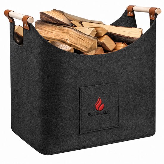 Soluflame houtmand van antraciet vilt met houten handvatten en rood vlamlogo, op witte achtergrond.