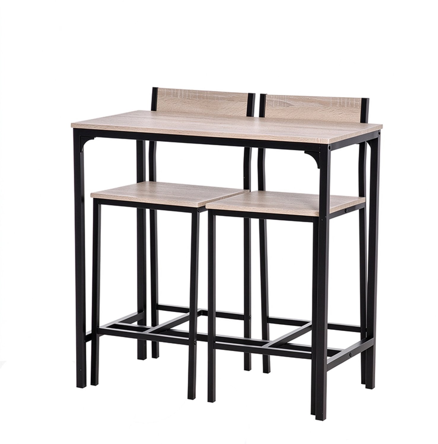 Bartafelset 89 x 45 x 87 cm (tafel); 39 x 43 x 95 cm (kruk), houtkleur, metalen frame, bartafel met 2 barkrukken, set met één tafel en twee stoelen, praktisch en decoratief, geschikt voor eetkamer, voor maaltijden en gezellig samenzijn thuis