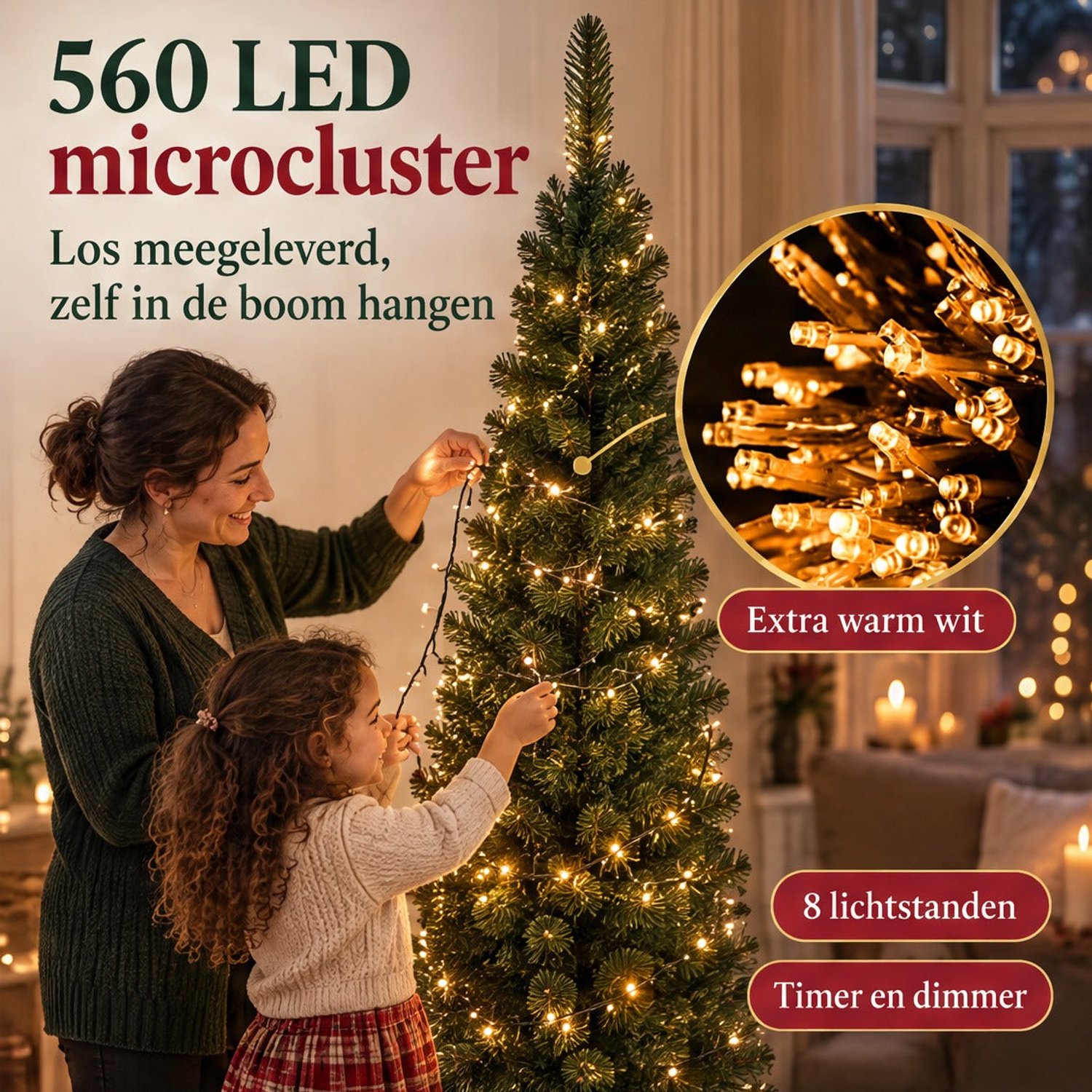 Cheqo® Smalle Kunstkerstboom 180 cm met Verlichting Warm Wit - Kerstboom met Verlichting - Dimbare Kerstboomverlichting 560 LED - Kerstlampjes - Cluster Kerstverlichting - Lichtsnoer - LED Kerstboom - Smalle Kerstboom – foto 4
