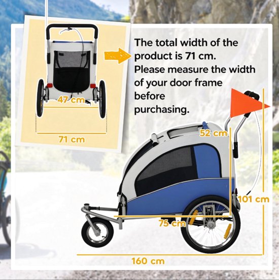 Hondenfietskar 160 x 71 x 101 cm, Lichtgrijs, Staal en Oxford-stof, 2-in-1 Fietskar en Hondenbuggy, Opvouwbare Hondenaanhanger voor Kleine en Middelgrote Honden tot 20 kg, Hondenwagen en Huisdierkar voor Fietsritten en Wandelingen — afbeelding 2