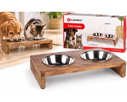 Voerbak hond en kat - drinkbak hond en kat - Flamingo Duo Dinner Kato Zilver & Bruin - 2x350ml - dubbele inox voerbak met houten staander - antislip - 34,5x19 cm