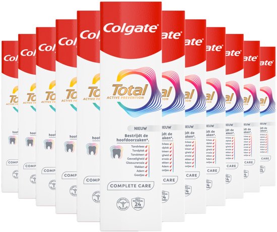 Voordeelverpakking van 12 Colgate Total Complete Care tandpastatubes met witte verpakking en regenbooglogo.