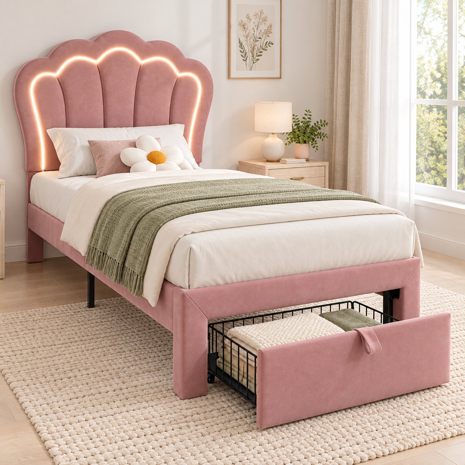 CHICFURN Kinderbed 90 x 200 cm - LED-verlichting - bedlade - roze fluweel