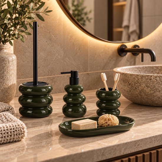 Badkamer accessoires set - Keramische Badset - Zeepdispenser - Toiletborstel - Tandenborstelhouder & Tray - Groen - 4 Stuks