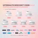 Zeven witte adapters voor babyflessen in verschillende maten, met onderaan logo's van populaire merken.