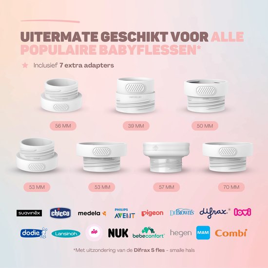 Zeven witte adapters voor babyflessen in verschillende maten, met onderaan logo's van populaire merken.
