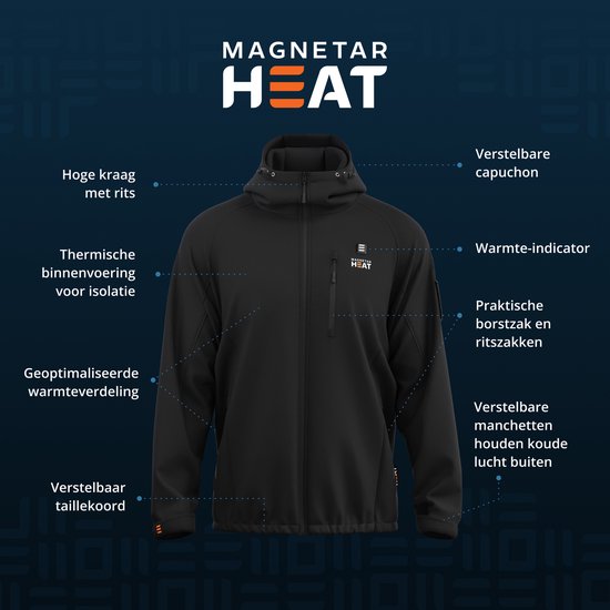 Details van de zwarte Magnetar Heat jas: hoge kraag, rits, capuchon, warmte-indicator, zakken, manchetten en taillekoord.