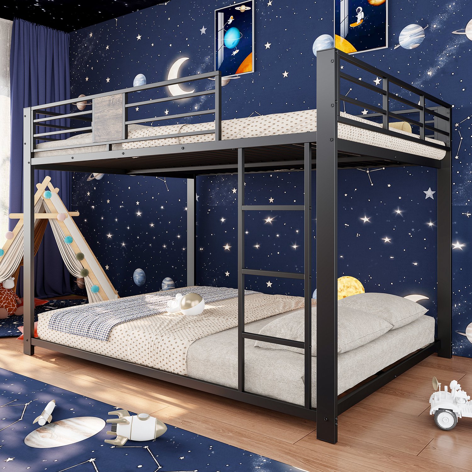 Wishdor Stapelbed 140x200 cm - Ladder links of rechts monteerbaar - Uitvalbeveiliging en antislippads - Geluiddempende strips - Metalen frame met houtdecor - Zwart