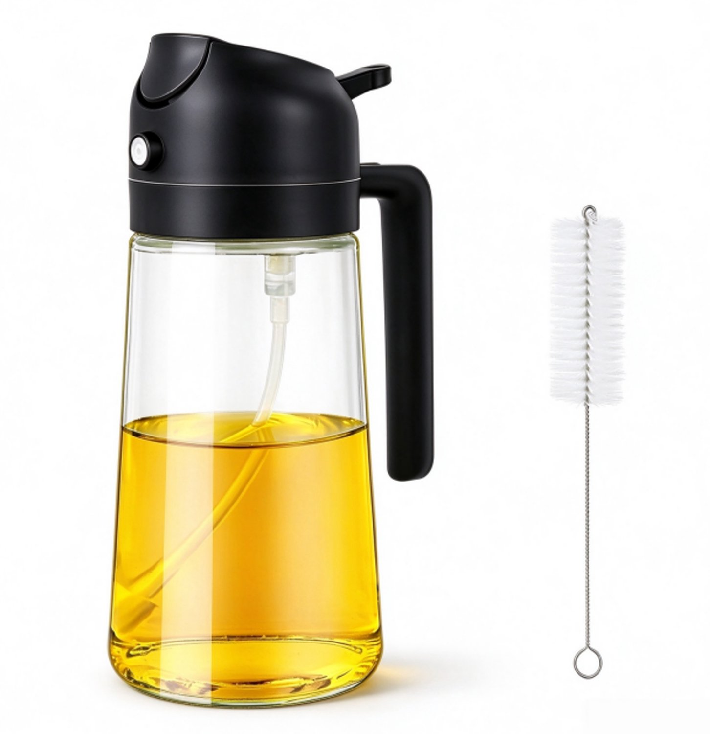 Olijfolie sprayer - TENZHVXI® - 2-in-1 - Spray & Schenk - Gemaakt van glas en PVC - Transparant - Nauwkeurige oliedosering - Voor gebruik in de keuken - Geschikt voor grillen, salades, koken en bakken - 470 ml - Zwart