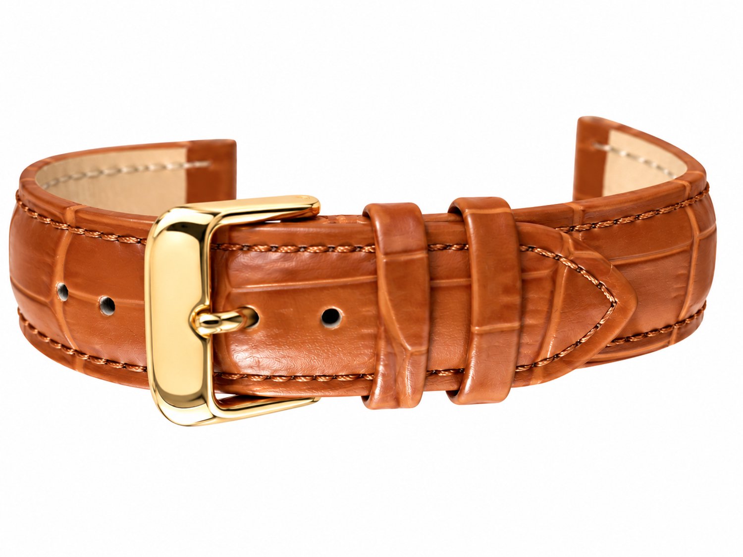 Horlogeband-Horlogebandje-12mm-Bruin-Echt leder-Gevuld-leer-Plat-Zacht-Soepel-Croco Print-Gestikt-Goudkleurige Gesp-12 mm