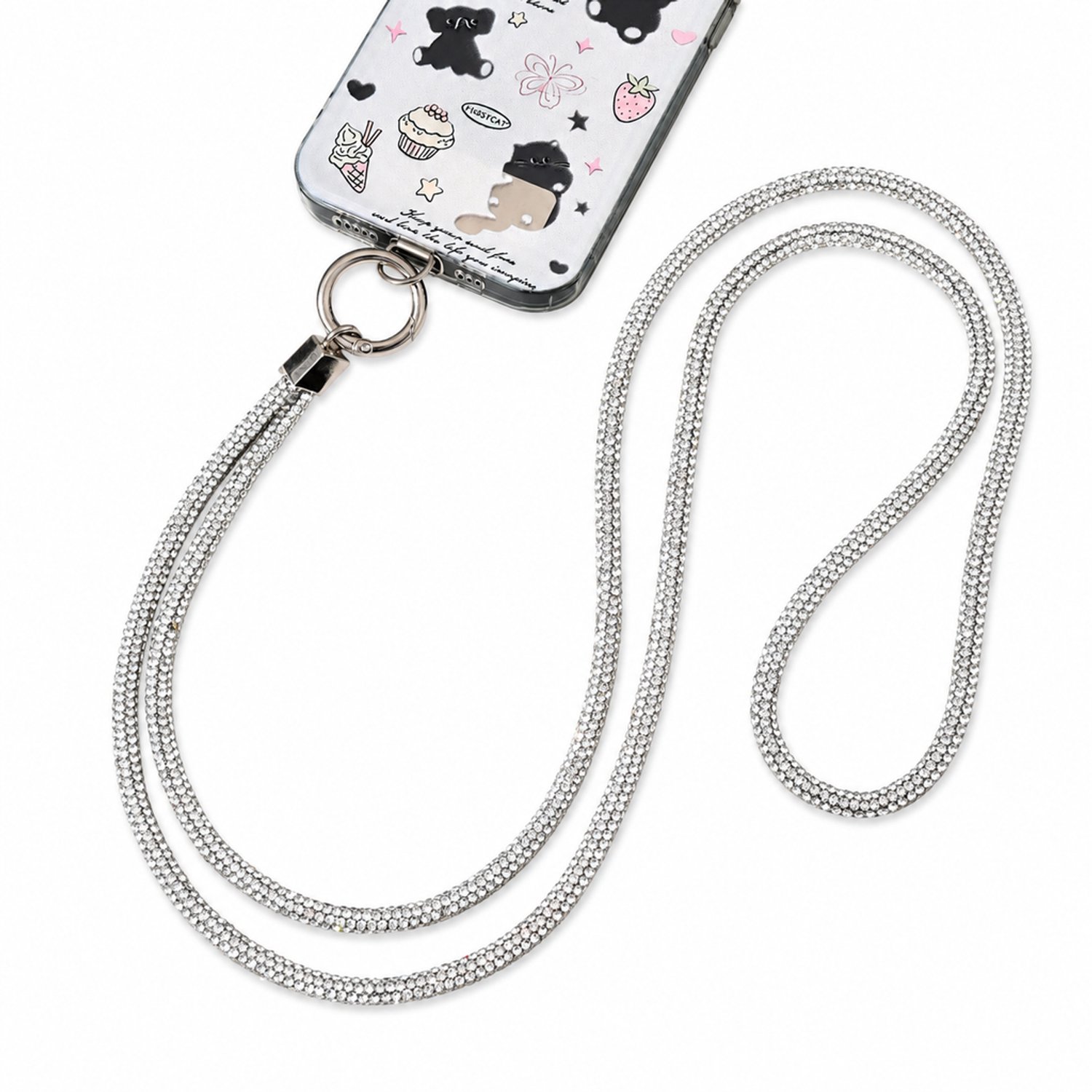 Telefoonkoord met witte sierstenen - Zilverkleurig crossbodymodel met metalen sluiting en bevestigingsplaatje - Individueel verpakt