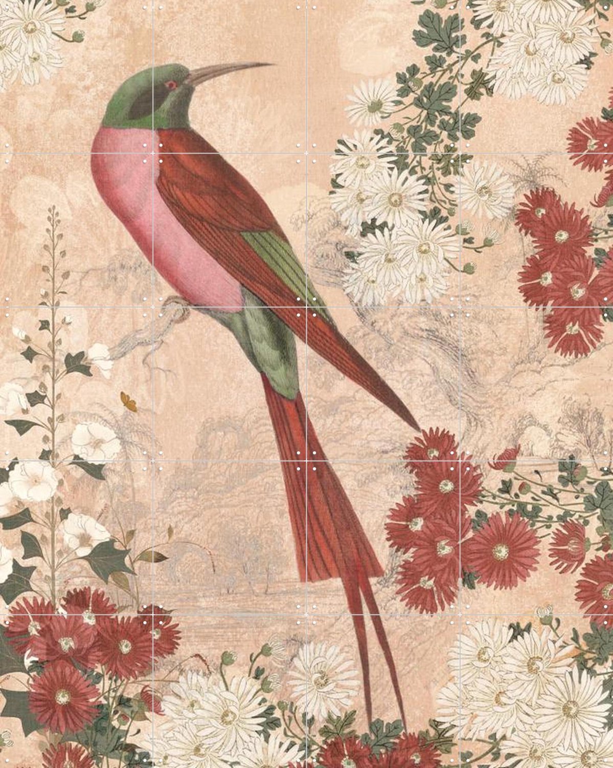 IXXI Japanese Floral Blossom And Red Tropical Bird, Bloomery Decor - 80 x 100 cm - Grote wanddecoratie en posters - Vintage, Decoratieve kunsten Beige / Rood / Groen
