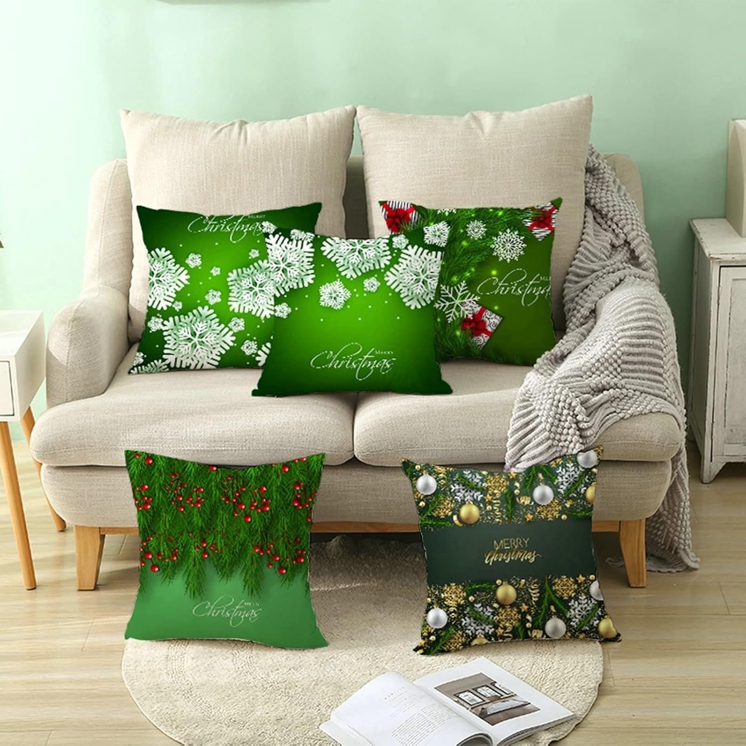 Kerst Kussenslopen Set, Polyester Kussenslopen Groen Bruin Polyester Merry Christmas 45x45cm, 1 Pack – foto 2