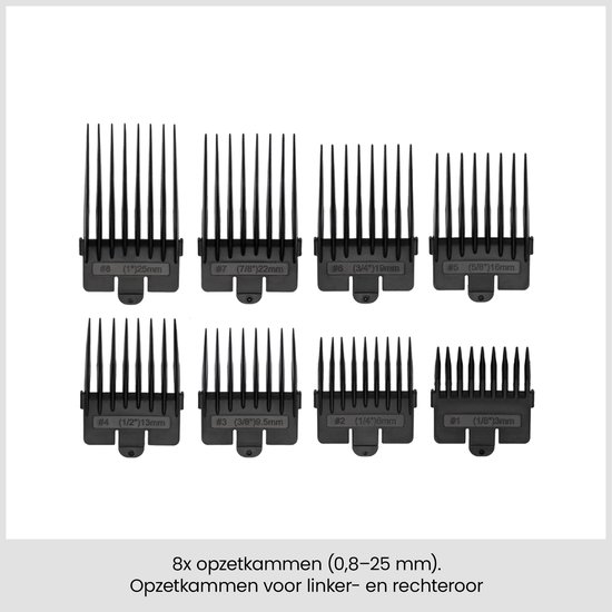 Set van 8 zwarte opzetkammen, maten 0,8 tot 25 mm, inclusief opzetkammen voor linker- en rechteroor.