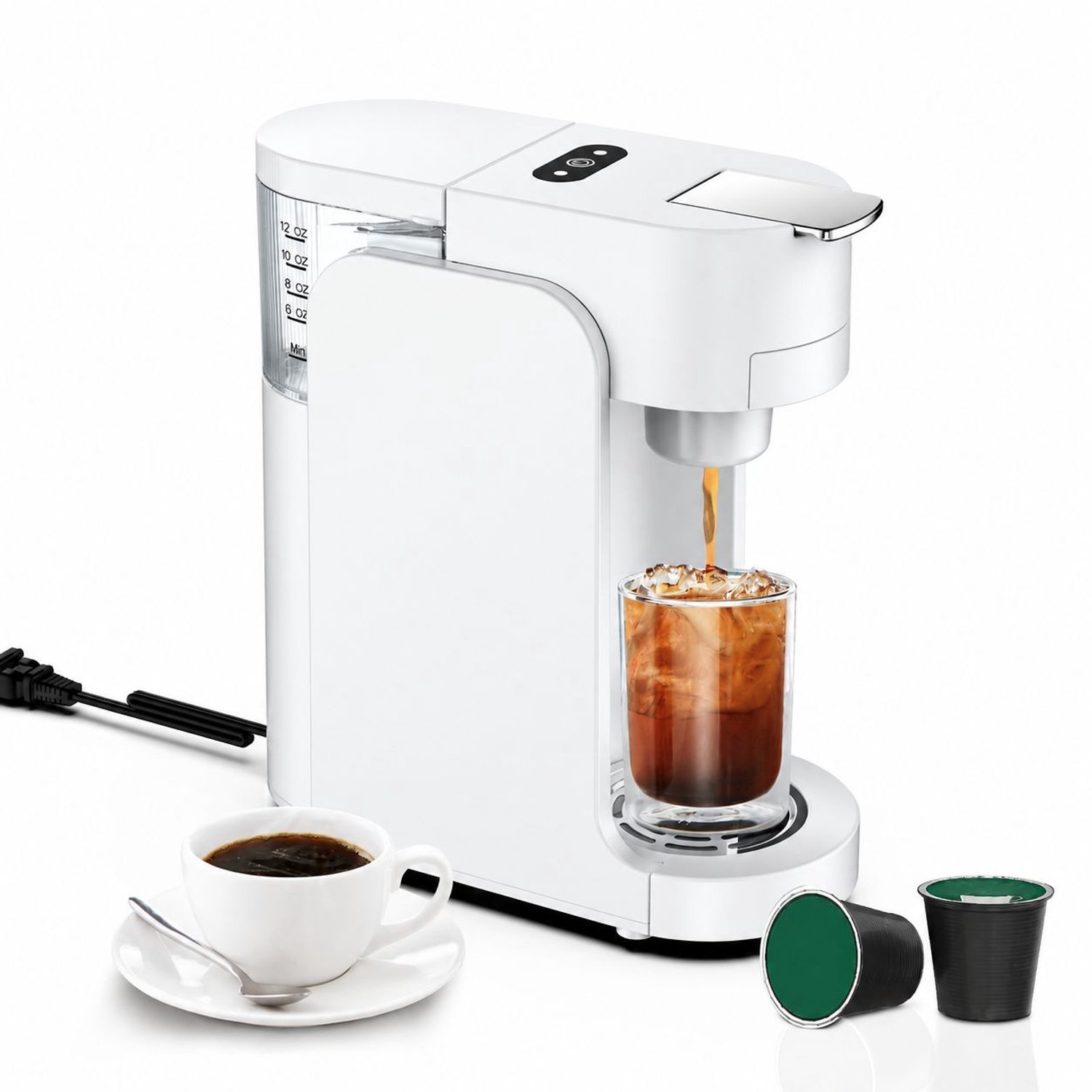 Aofixver Compacte koffiemachine voor één kop , met directe verwarming in 3 seconden, instelbaar voor kopgroottes van 6 tot 12 oz (ca. 180–350 ml), bediening met één druk op de knop voor americano en espresso – ideaal voor op reis of op kantoor (wit)