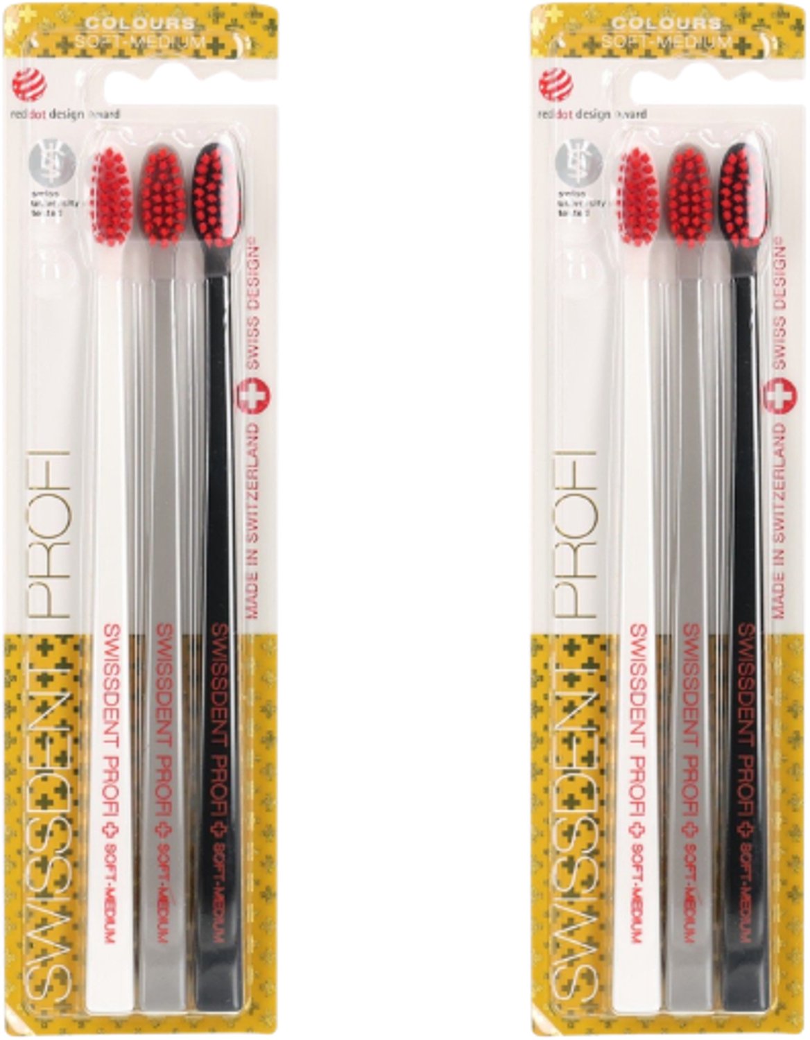 SWISSDENT PROFI Colours Tandenborstel - Soft-Medium - 2 x 3 stuks - Wit, Grijs & Zwart