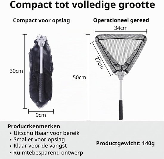 Opvouwbaar Schepnet - Zwart - 53 cm - Telescopisch Nylon Visnet - Voor Karper en Forel — afbeelding 2