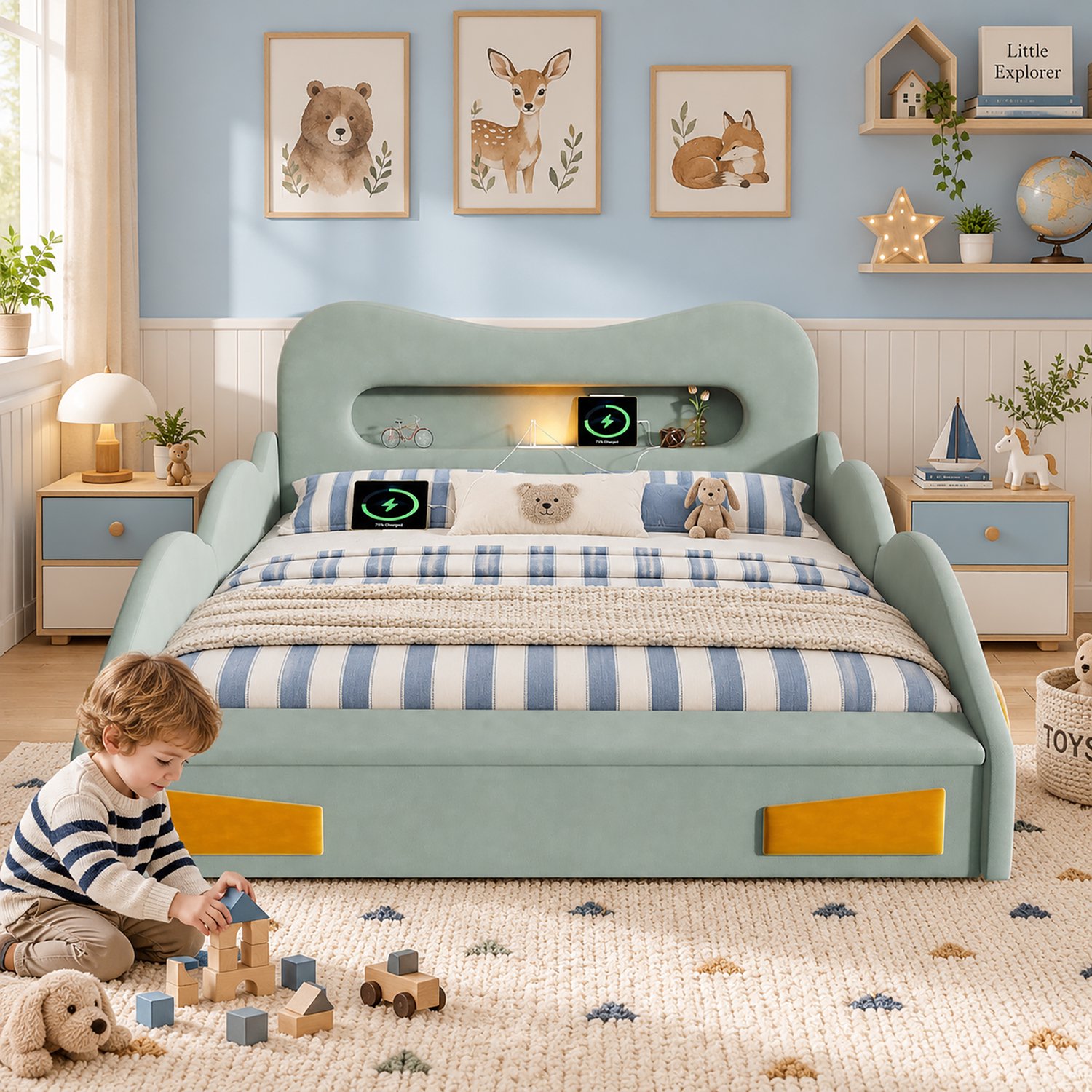 DantefHandels Kinderbed 140 x 200 cm in de vorm van een groene auto, fluweel, leeslamp, oplaadaansluiting en opbergruimte