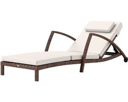 Ligstoel - geweven hars chaise longue met verstelbare rugleuning - wielen - kussen en armleuningen - bruin en beige