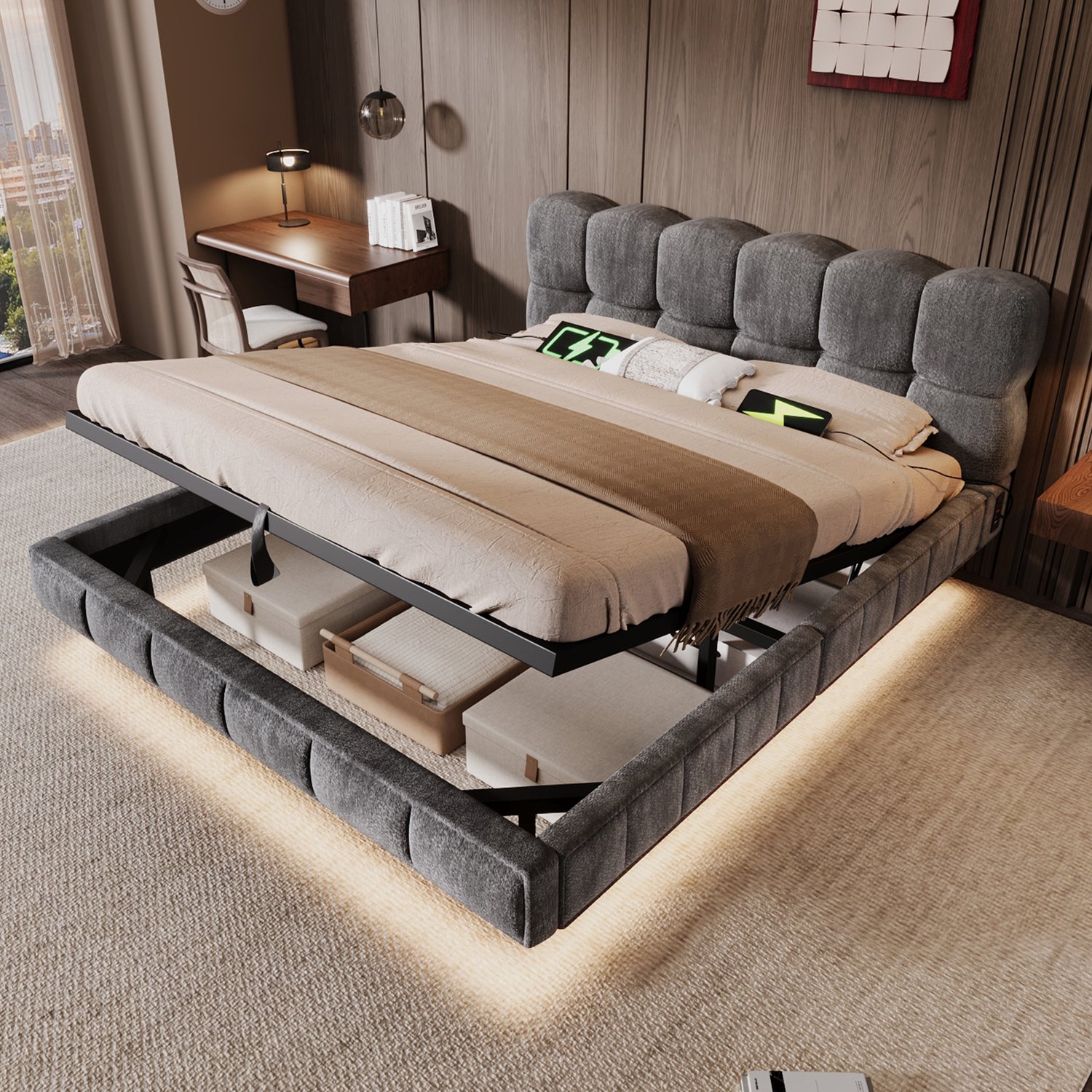 Merax Hydraulisch bed met opbergruimte 140x200 cm - LED - USB en Type-C - chenille - grijs