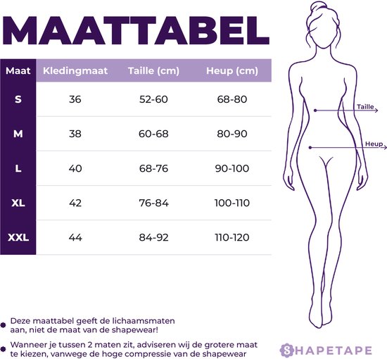 Maattabel met lichaamsmaten voor maat S t/m XXL, inclusief tekening van een vrouwelijk silhouet met taille- en heupindicatie.