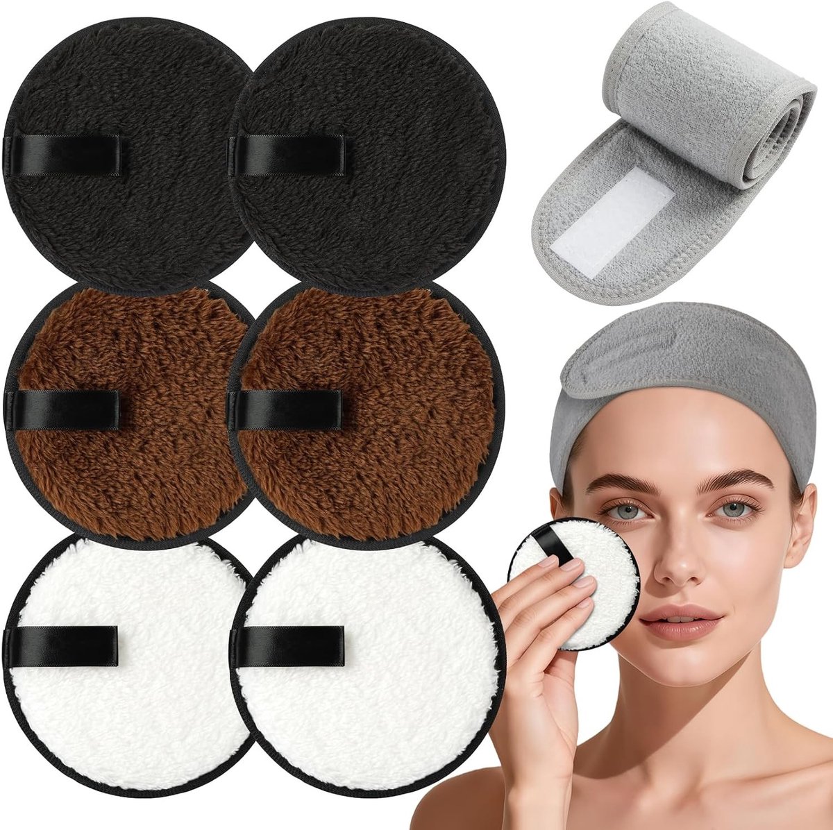 Herbruikbare Make-up Verwijder Pads Set met Spa Haarbanden - Grote Dubbelzijdige Microfiber Katoenen Gezichtsdoeken, Milieuvriendelijk en Wasbaar voor Effectieve Make-up Verwijdering