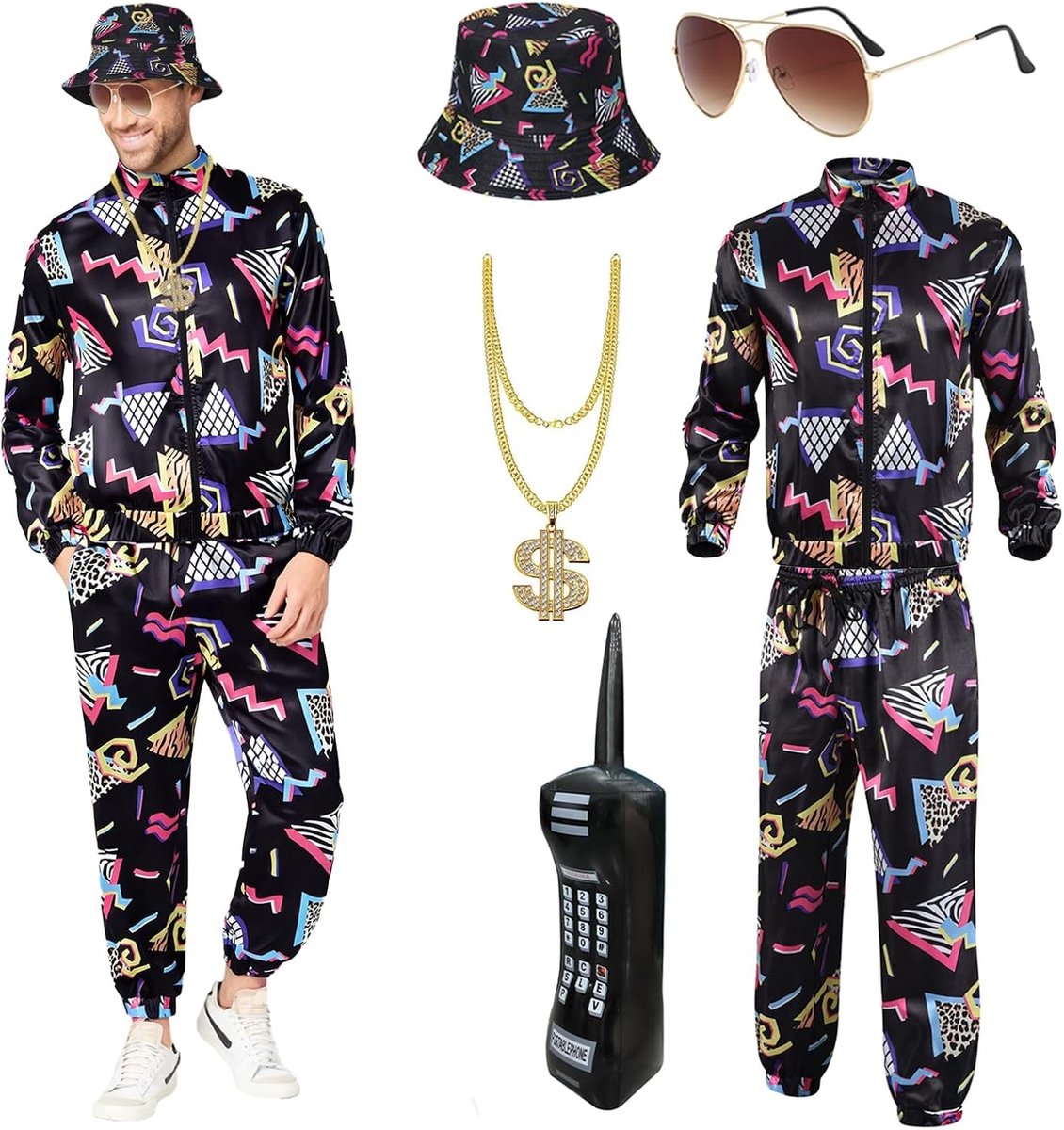 Retro 80s en 90s kostuum voor volwassenen met accessoires, hip hop outfit, sportshirt, broek, hoed, ketting en ballonbril