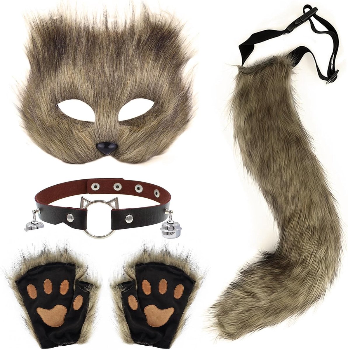 Fox Kostuum met Neppels, Pluche Fox Masker, Belletjes en Handschoenen voor Halloween en Carnavalsfeesten - Bruin, One Size