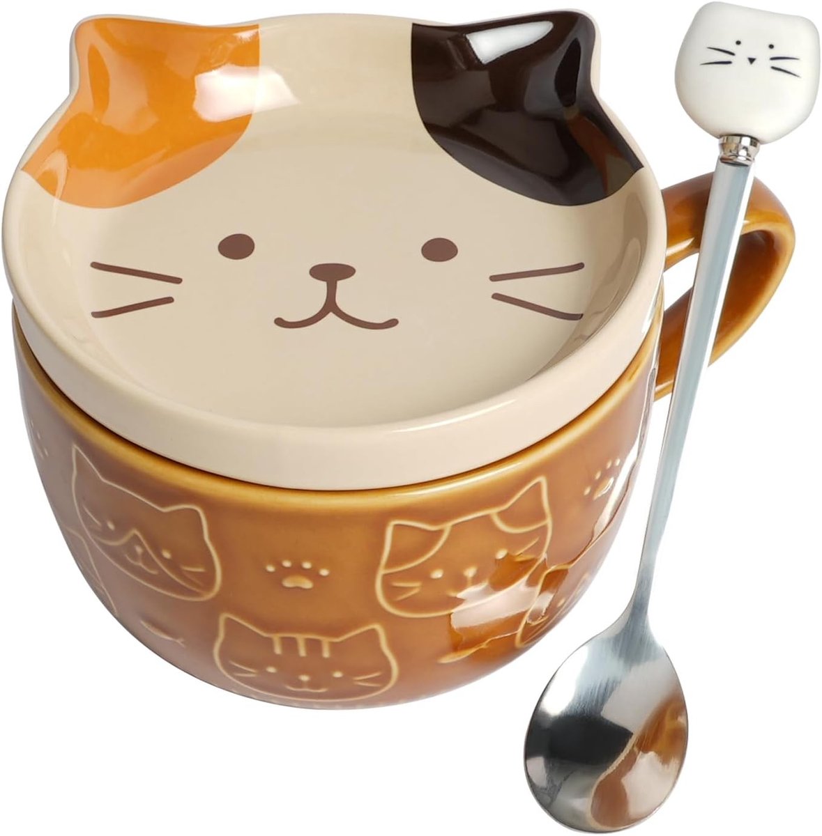 Schattige kattenmok met deksel, keramische theekop, koffiemok met lepel, ideaal als verjaardagscadeau voor vrienden en familie - Bruin