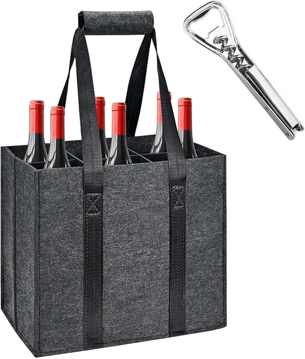 Multifunctionele Opvouwbare Flessentas met 6 Compartimenten voor Wijn, Bier en Water, Inclusief Flesopener, 27 x 18 x 27 cm